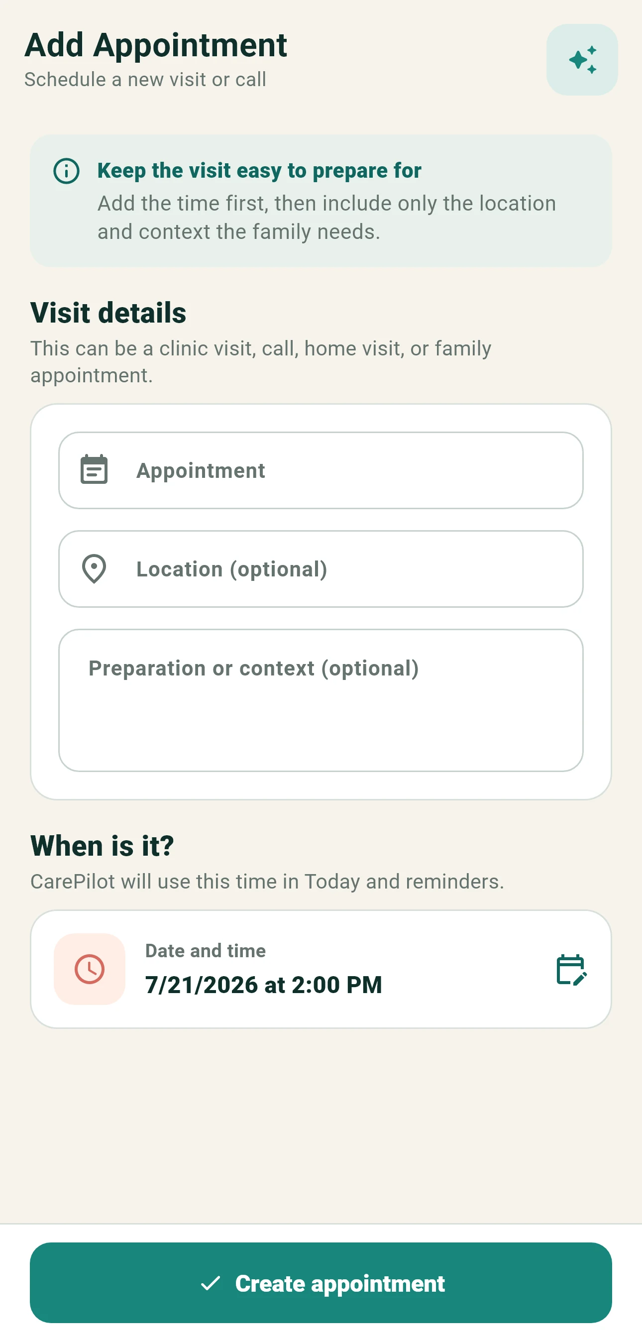 Rendered appointment creation screen