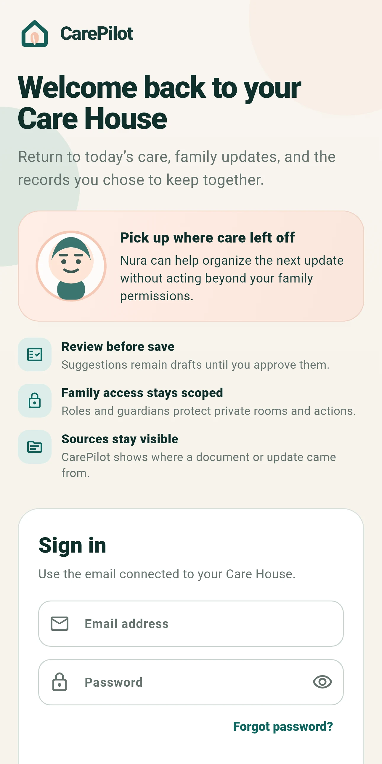 Rendered CarePilot authentication screen