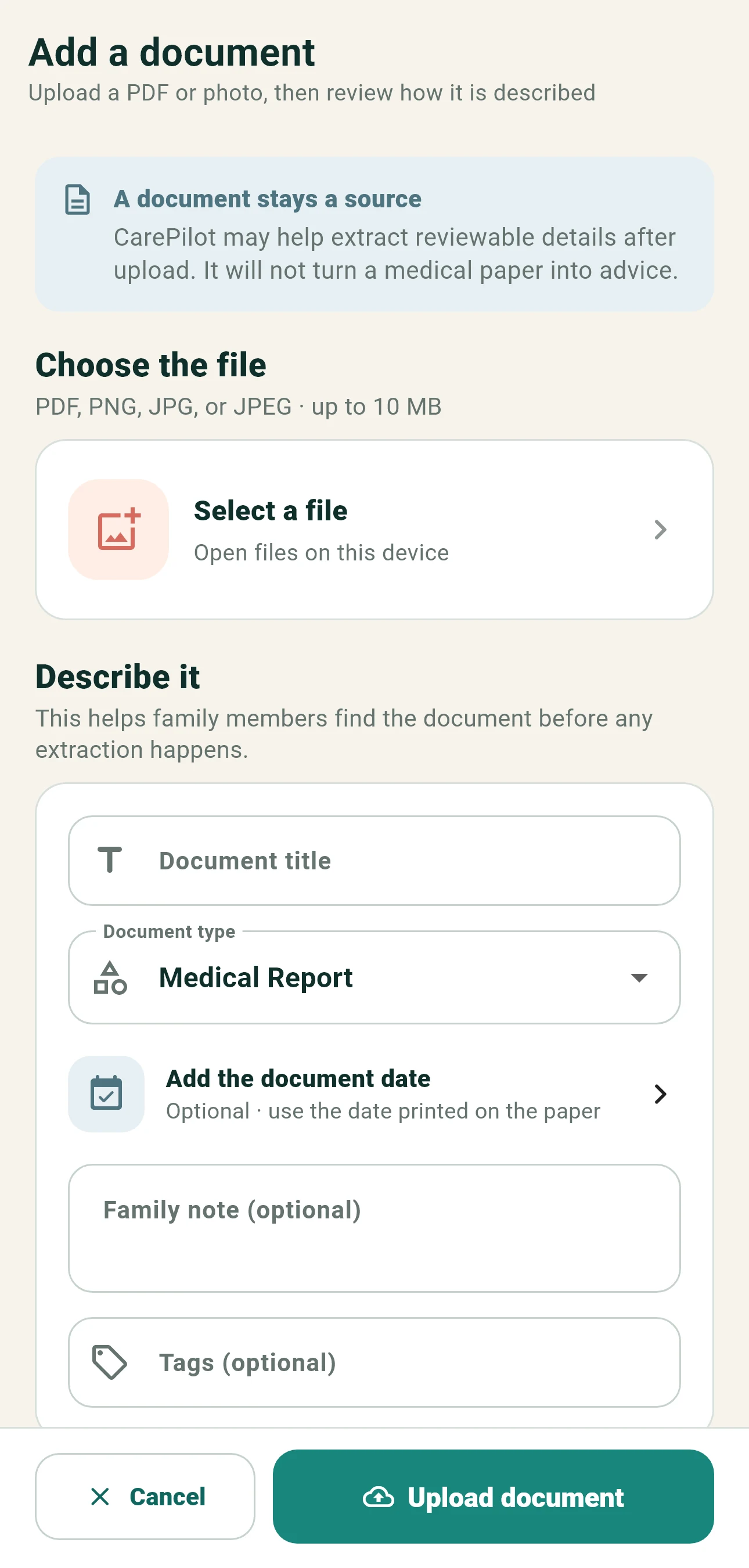 Rendered document upload screen