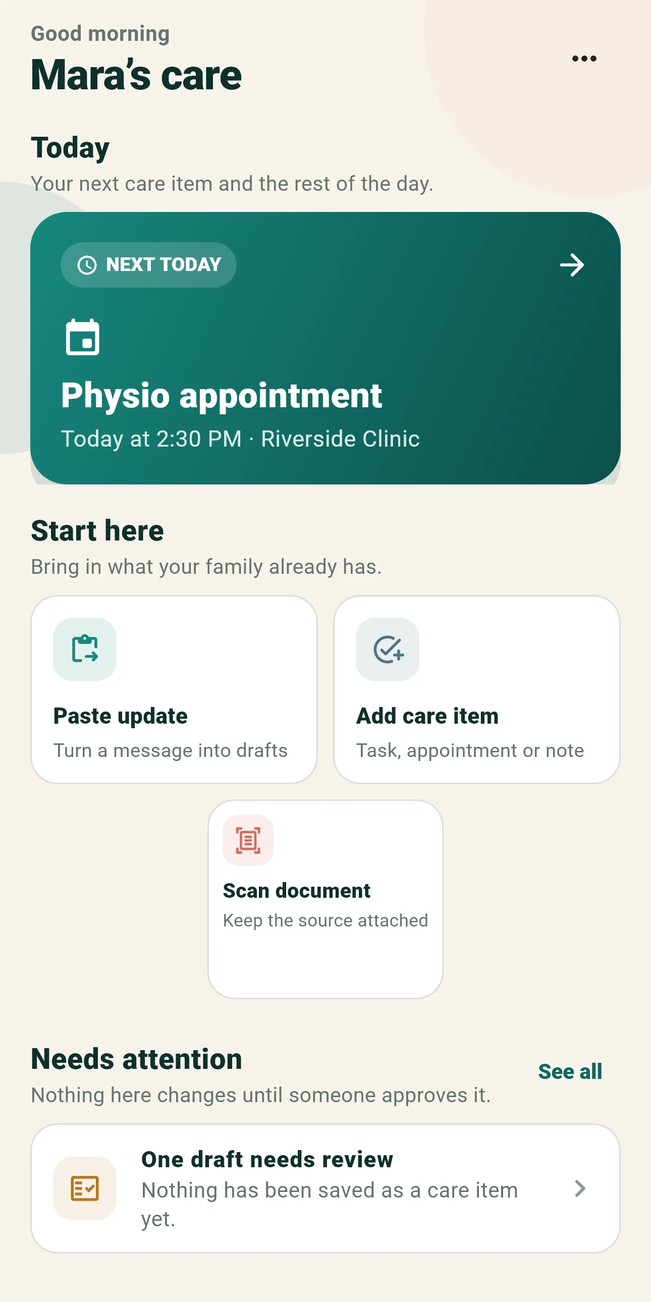 Actual CarePilot Home screen from the project golden tests