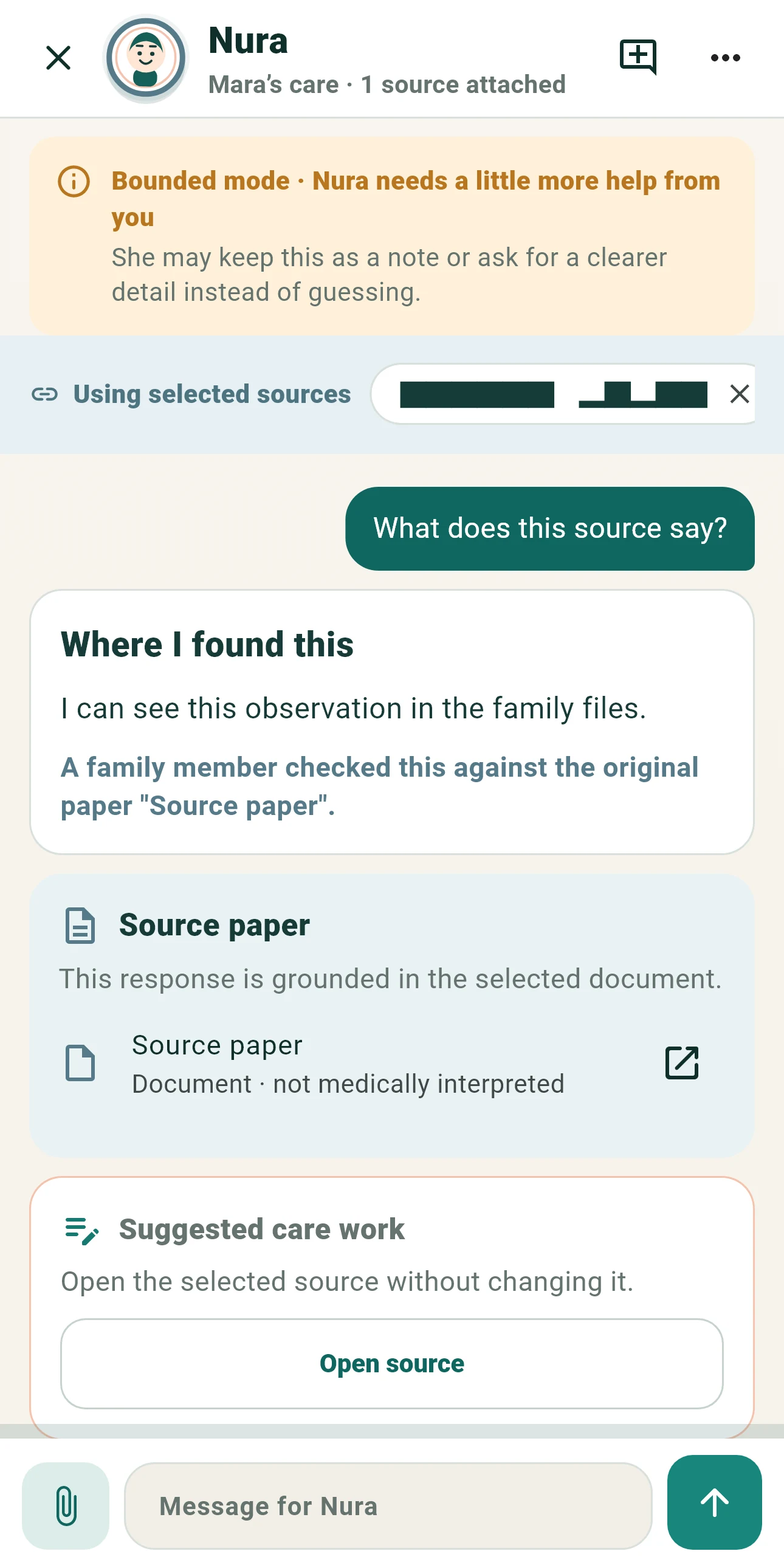 Rendered Nura source-aware answer screen