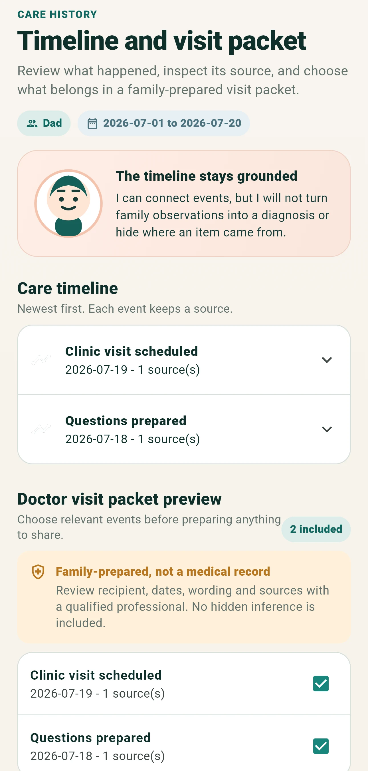 CarePilot timeline and visit packet interface